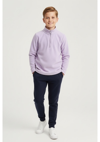 Erkek Çocuk Uzun Kollu Mor Dik Yaka Yarım Fermuarlı Polar Üst-sweatshirt - Erkek Çocuk Polar Lila