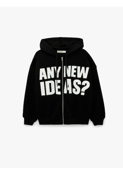 Koton Üç İplik Şardonlu Uzun Kollu Kapüşonlu Baskılı Fermuarlı Sweatshirt Siyah 7wal90005ık