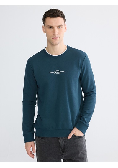 Lcwaıkıkı Classic Petrol Bisiklet Yaka Baskılı Erkek Sweatshirt