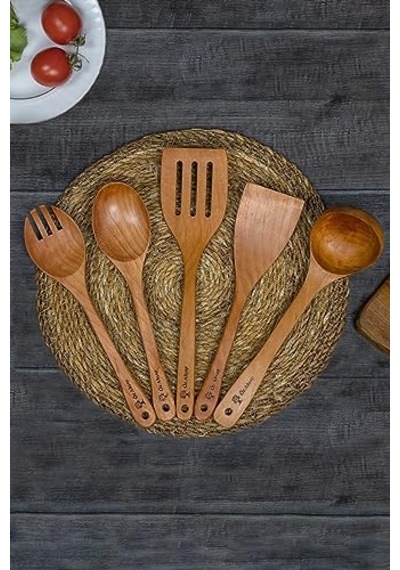 5 Parça ' Pro ' Bambu Teak Ağacı Ahşap Kaşık Tahta Kaşık Mutfak Seti Temizlemesi Kolay Mat Parlak Yüzey
