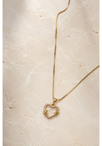 Balenbi Jewelry Kadın Taşlı Kalp Ve Kelebek Figürlü Kararmaz Çelik Kolye 14k Gold 1154 Altın
