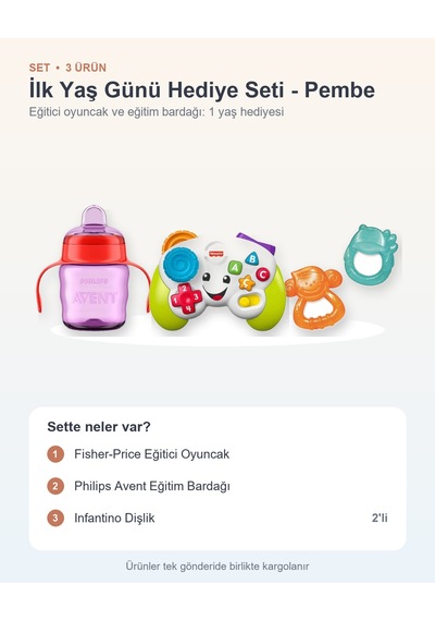 İlk Yaş Günü Hediye Seti 3 Parça: Eğitici Oyuncak + Eğitim Bardağı + Dişlik - Pembe