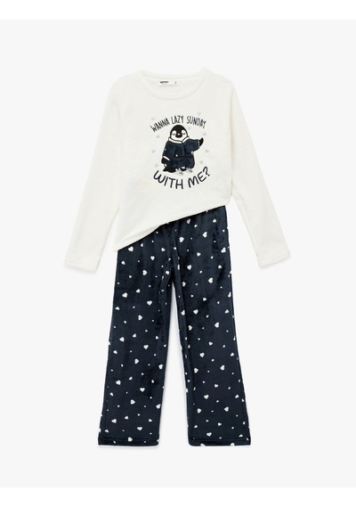 Koton Rahat Kesim Penguen Baskılı Polar Pijama Takımı Lacivert Desenli 6wlk40021mk