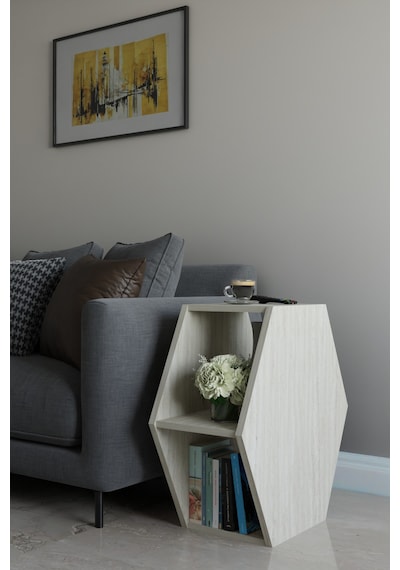 Alpa Ev Mobilya Altıgen Tasarım Yan Sehpa, Modern Koltuk Yanı Ve Dekoratif Kitaplık, Salon Sehpası Traverten