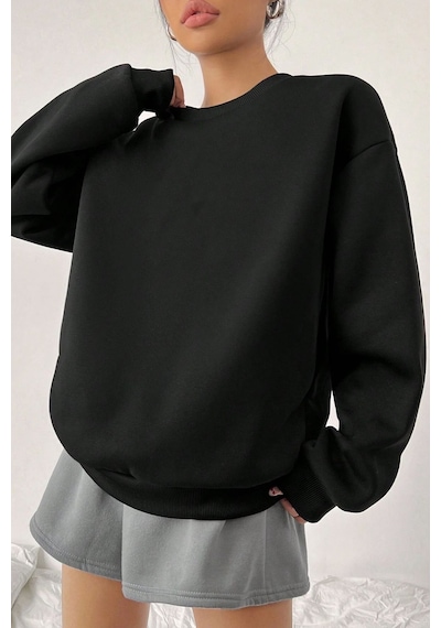 Uyguntarz Unisex Sevimli Kedi Baskılı Bisiklet Yaka Sweatshirt Siyah56