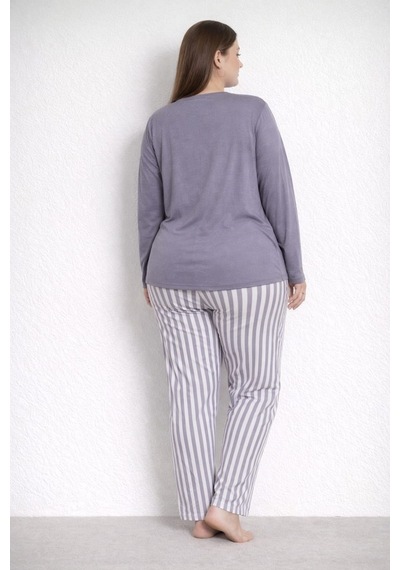 Pemilo Kadın 20155 Büyük Beden Uzun Kol Milan Pijama Takımı Füme