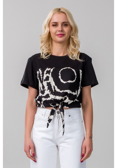 Kadın Bağlamalı Baskılı Viskon Kombinli Likralı Örme Kumaş Sıfır Yaka Tshirt Siyah Kadın Bağlamalı Baskılı Viskon Kombinli Likralı Örme Kumaş Sıfır Yaka Tshirt Siyah