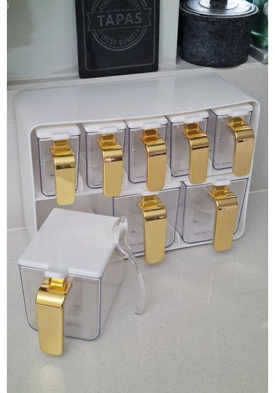 Herevin Sekizli Standlı Baharatlık Seti Gold Kulplu Beyaz Kapak 161280-821 Beyaz - Gold