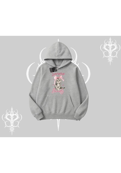 Startmore Serene Beauty Kedi Baskılı Kapşonlu Sweatshirt Gri