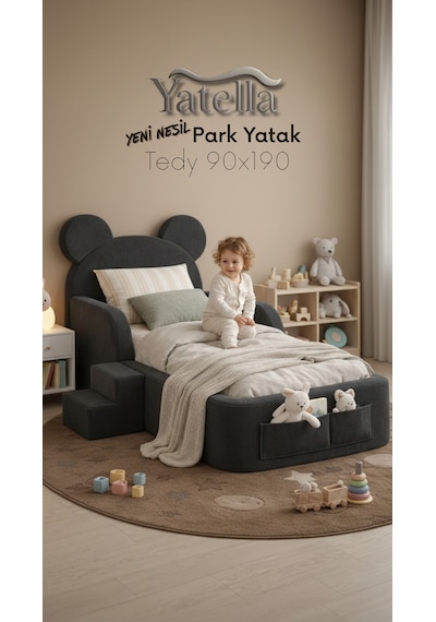 Yatella Luxury Tedyy Baza ve Başlıklı Montessori Full Sünger Yatak Seti 90 X 190 Antrasit