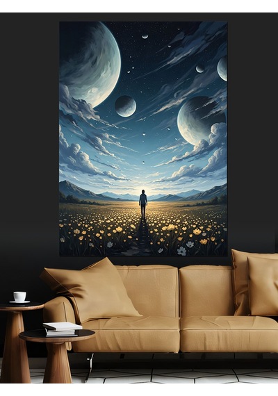 Uzayda Yol Alan Küçük Astronot Dekoratif Kanvas - Mdf Ahşap Tablo