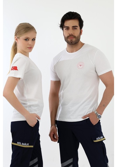 Acil Sağlık Yuvarlak Yaka Penye Kısa Kol Tshirt - Beyaz-12104 Beyaz