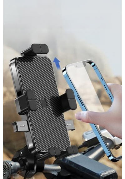 Thentech Motorsiklet Bisiklet Scooter Gidon Bağlantılı Korumalı Sarsılmaz Düşmez Telefon Tutucu Oto Kilitli Siyah