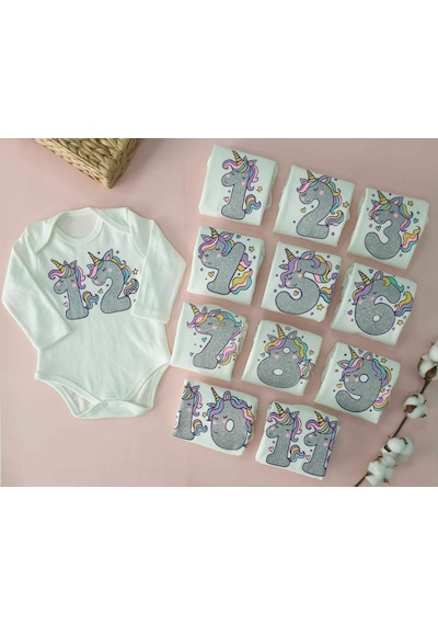 Papyon Baby Kids Unicorn Desenli 0-12 Ay 12'li Badi Zıbın Seti Çıtçıtlı Badi Set Beyaz