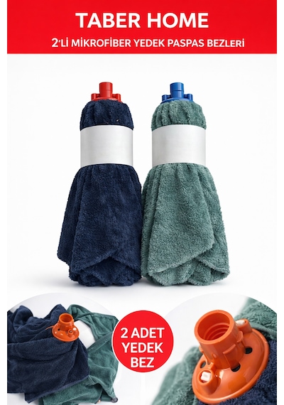 Taber Home 2'li Mikrofiber Yedek Paspas Bezi Vidalı Mop Başlığı Seti - Yüksek Emici Temizlik Bezi