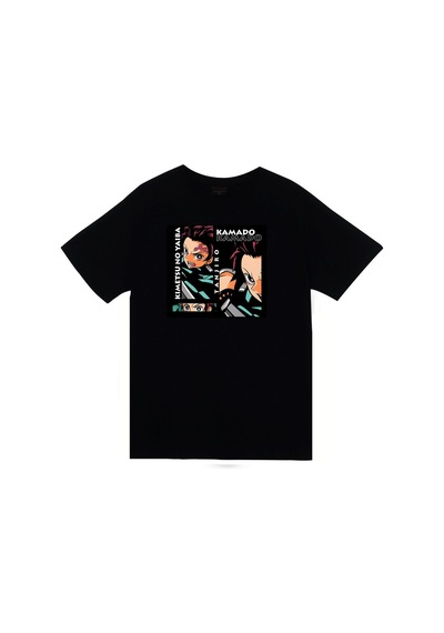 Stoned&Fame Demon Slayer Tanjiro Kamado Anime Baskılı Unisex %100 Pamuk Siyah T-shirt SIYAH