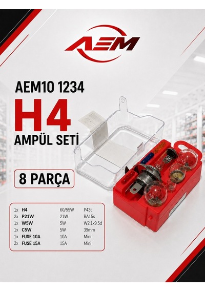 Aem10 1234 H4 Araç Ampul Seti 8 Parça - Compact Çantalı Evrensel Yedek Oto Ampul Kiti