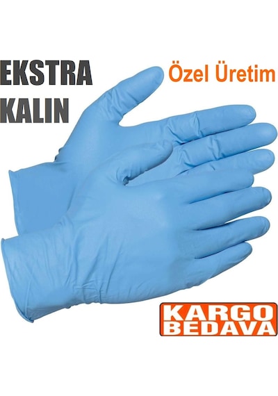 Kalın Nitril Muayene Eldiveni Pudrasız Delinmez Mavi Beden Xl L M