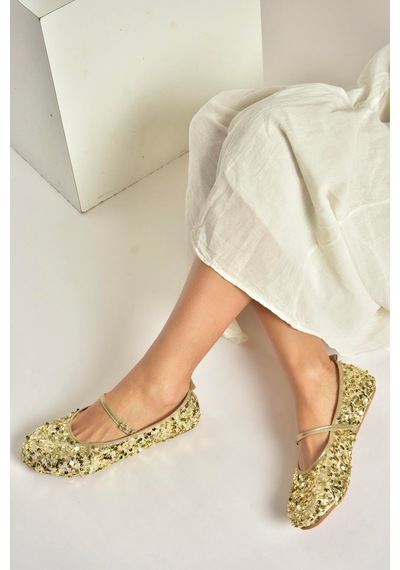 Fox Shoes Y250322040 Altın Kumaş Pullu Kadın Babet Altın