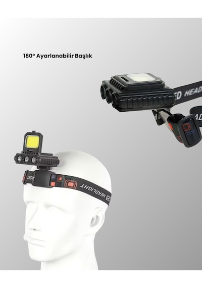 800 Lumen Led Kafa Lambası Cob Ve Xpe Led Type C Şarjlı Ayarlanabilir Siyah