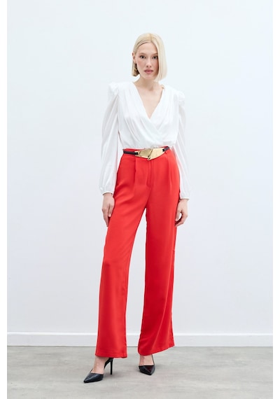 Sateen Pileli Krep Pantolon - Mercan-134596 Mercan
