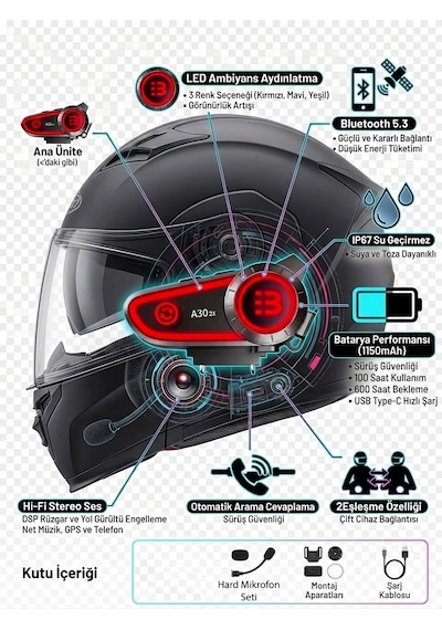A30 2x Bt5.3 Motosiklet Kurye Kask Kulaklık Intercom Işıklı 2 Kişi Eşleşmeli