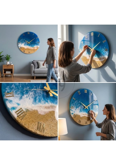 Okyanus Koleksiyonu -karayipler- Epoksi Duvar Saati 40 Cm, Modern Tasarım, Altın Roma Rakamlı, Sessiz Mekanizma Okyanus