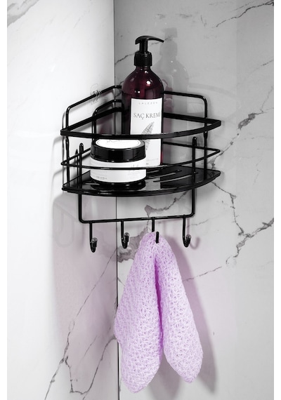 Tekli Yapışkanlı 4 Kancalı Banyo Duş Köşe Rafı – Ayarlanabilir Kristal Raf (Yapıştır/Vidala) Siyah-Siyah - LK-01 - SSSK