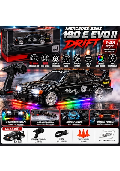 Mercedes 190 E Evo Iı Drift 1:43 Hobi Sınıfı Uzaktan Kumandalı Rc Araba 15 Km/h 4wd Neon Işıklı