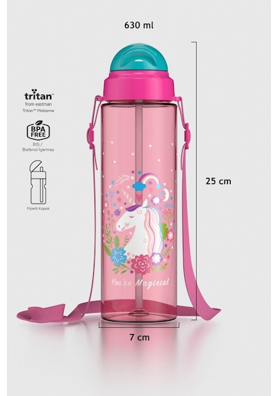 Renga Migo Desenli 630 Ml Askılı Pipetli Tritan Çocuk Matara 912143 Pembe Pembe