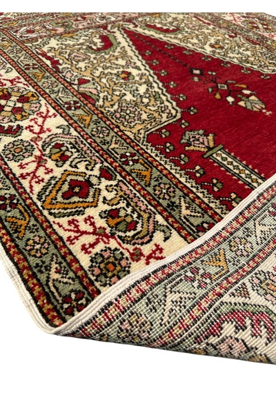 El Dokuması Sıfır Bürüngüz Halısı 107x171 Mihraplı Model Antika Kök Boya Yün Halı Kırmızı