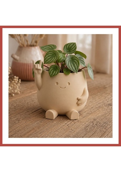 Bezos 3d Baskı Smiley Face Planter - Gülümseyen Karakterli Saksı-bej Erdotıca Standart