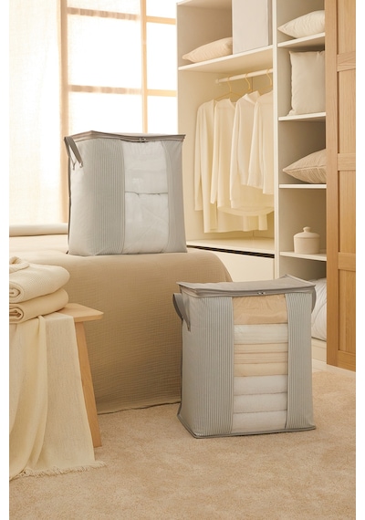 Ocean Home Textile 2'li Pvc Pencereli Stuff &  Things Gri Çizgili Hurç Set