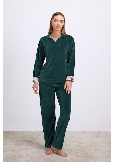 Man11555-1069 Anil Ev Giyim Anıl Kadın Uzun Kollu Kadife Sweatshirt Ve Pantolon Takım Yumuşak Ve Şık Ev Giyimi 11555 Koyu Yeşil