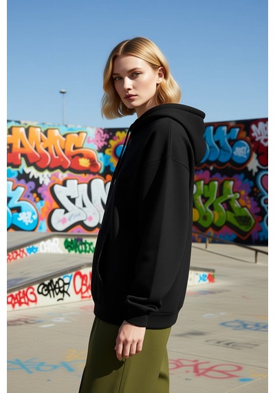 Benerly Kadın Kapüşonlu Düşük Kol Oversize Sweatshirt Fonksiyonel Dayanık siyah