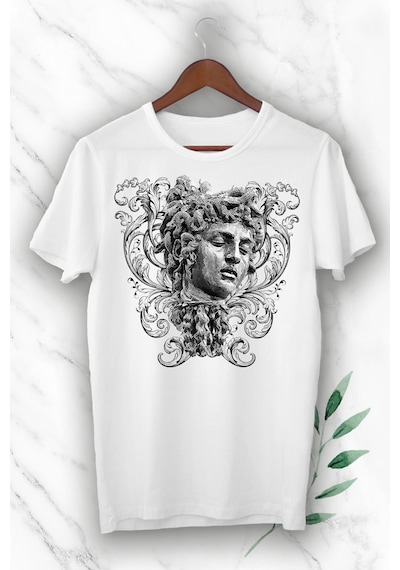 Flood Of Style Unisex Beyaz Mitoloji Yılan Saçlı Kadın Medusa Baskılı T-shırt