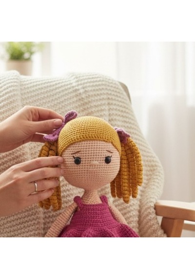Amigurumi Kız Bebek El Yapımı %100 Pamuk 35 Cm Bej - Pembe