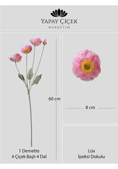 Fuşya Yapay Gelincik Çiçeği 4 Dallı Lüx İpeksi Dokulu 60 Cm