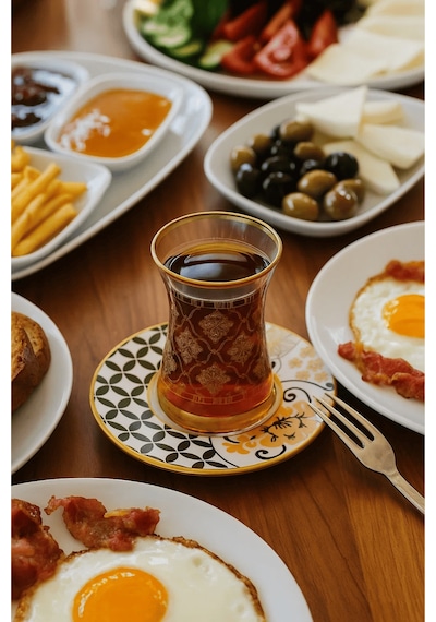 12 Parça Altın Yaldız Desenli İnce Belli Cam Çay Bardağı Ve Tabağı - Çay Takımı Çok Renkli