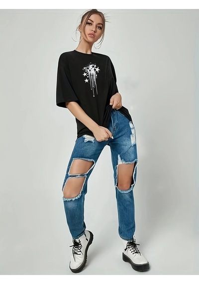 Kadın Siyah Sanatsal Yıldız Ön Baskılı Oversize T-shirt SIYAH