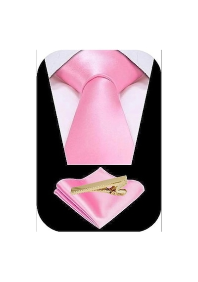 Tezzgelsin Erkek Saten Kravat Mendil Ve Gold Çelik Kravat İğne Set Açık Pembe