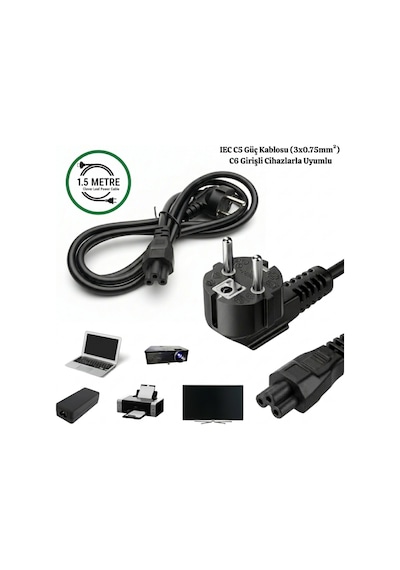 Gabble 1.5 Metre C5 Yonca Güç Kablosu 10a 250v 3x0.75mm² Laptop Notebook Adaptör Tv Monitör Yazıcı Uyumlu