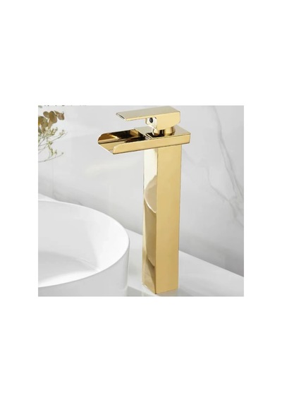 Rena Design Mat Gold Köşeli Gövde Çanak Lavabo Bataryası Havza Model Uzun Altın Lavabo Musluğu Çift Girişarmatür Mat Altın Gold