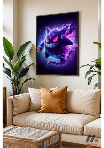 Pokemon Gengar Poster, Siyah Çerçeveli Duvar Tablosu - Anime Severlere Özel Hediye