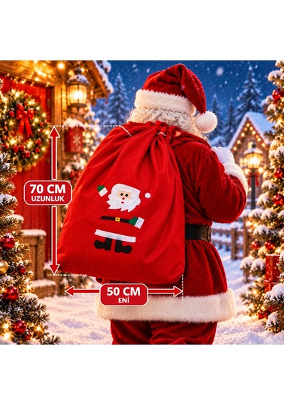 1 Adet Noel Baba Çuvalı Noel Baba Hediye Çuvalı Büyük Boy 70x50 Cm Santa Claus Gift Sack 70x50 Cm