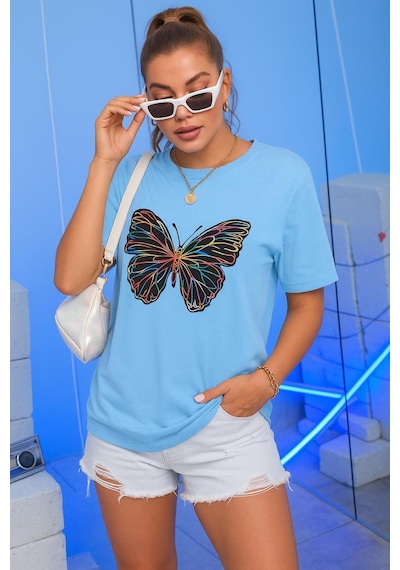 Kelebek Baskılı Oversize T-shirt Bebe Mavisi