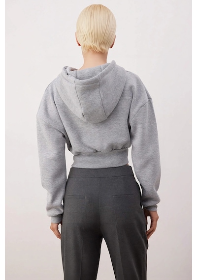 Benerly Kadın Kapüşonlu Fermuarlı Uzun Kollu Örme Sweatshirt Fonksiyonel Gri Melanj