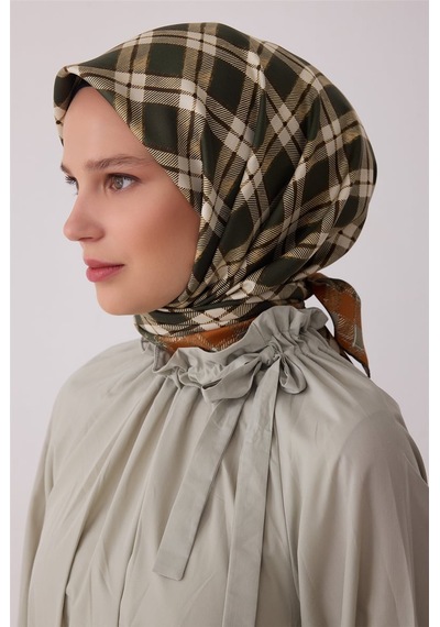 Belli Geometrik Desen %100 Twill İpek Eşarp Be21 Yeşil-taba