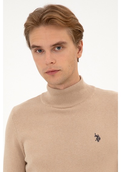 U.S. Polo Assn. Erkek Slim Fit Boğazlı Kum Melanj Basic Kazak 50313712-VR123
