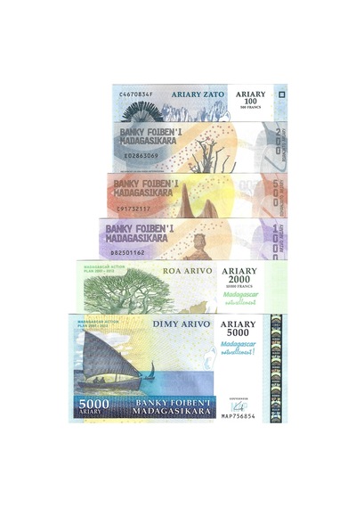 Madagaskar Set 100/200/500/1000/2000/5000 Yabancı Kağıt Para Seti Çil Unc Koleksiyon Para